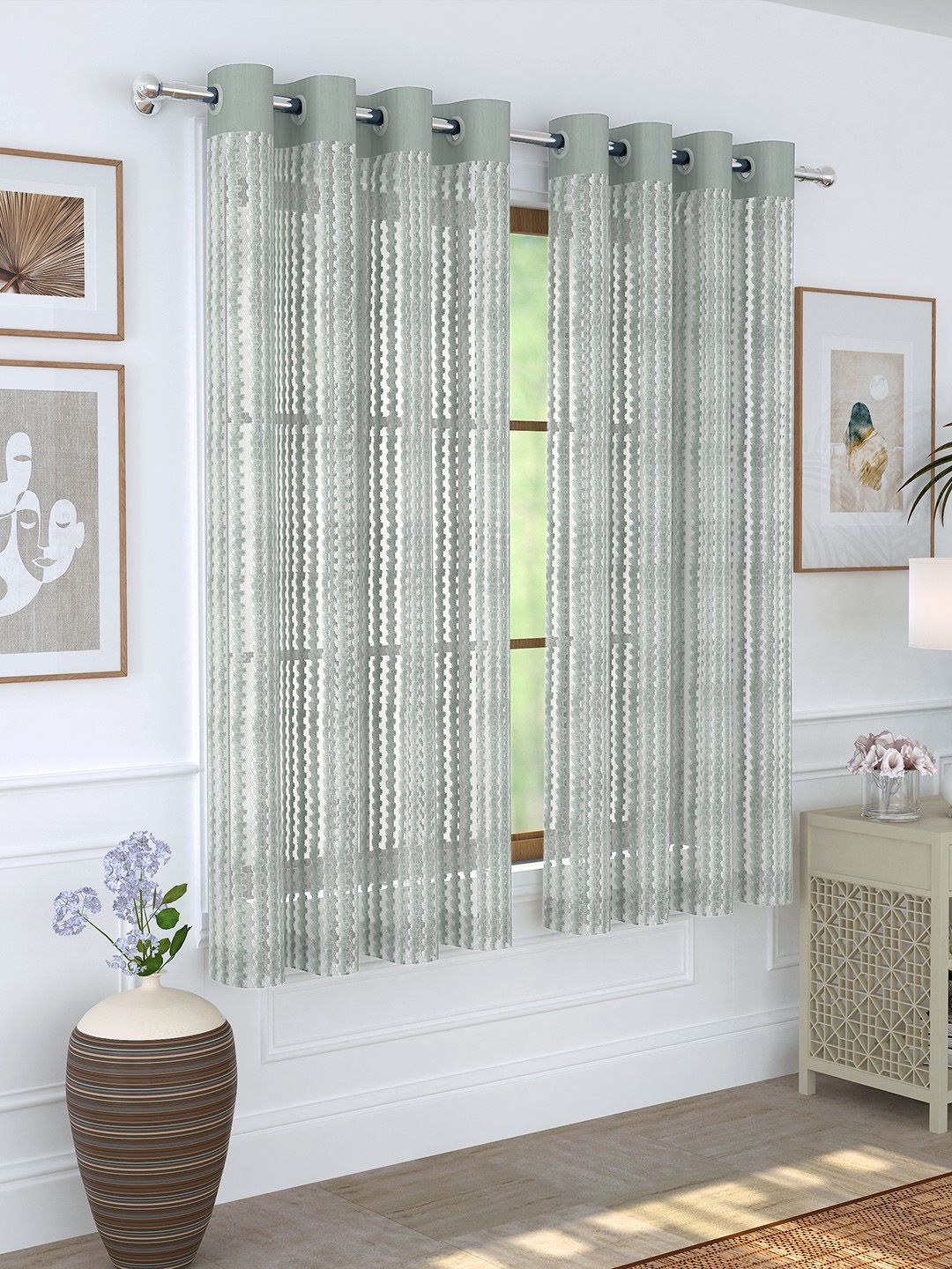 Story@home Grey Set of 2 Striped Sheer Window Curtain Price in India