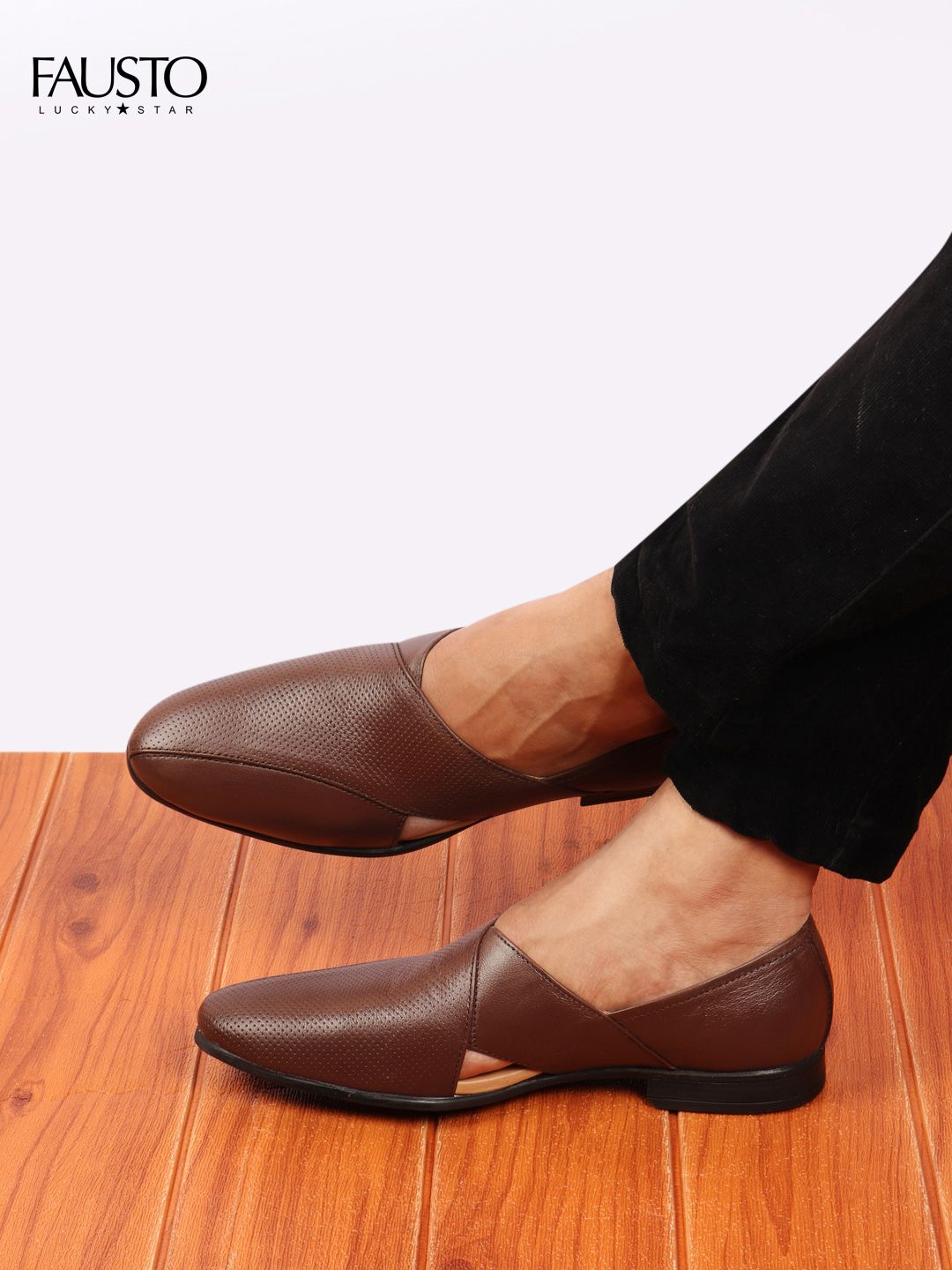 FAUSTO Men Brown Formal Front Open Leather Slip On Shoes