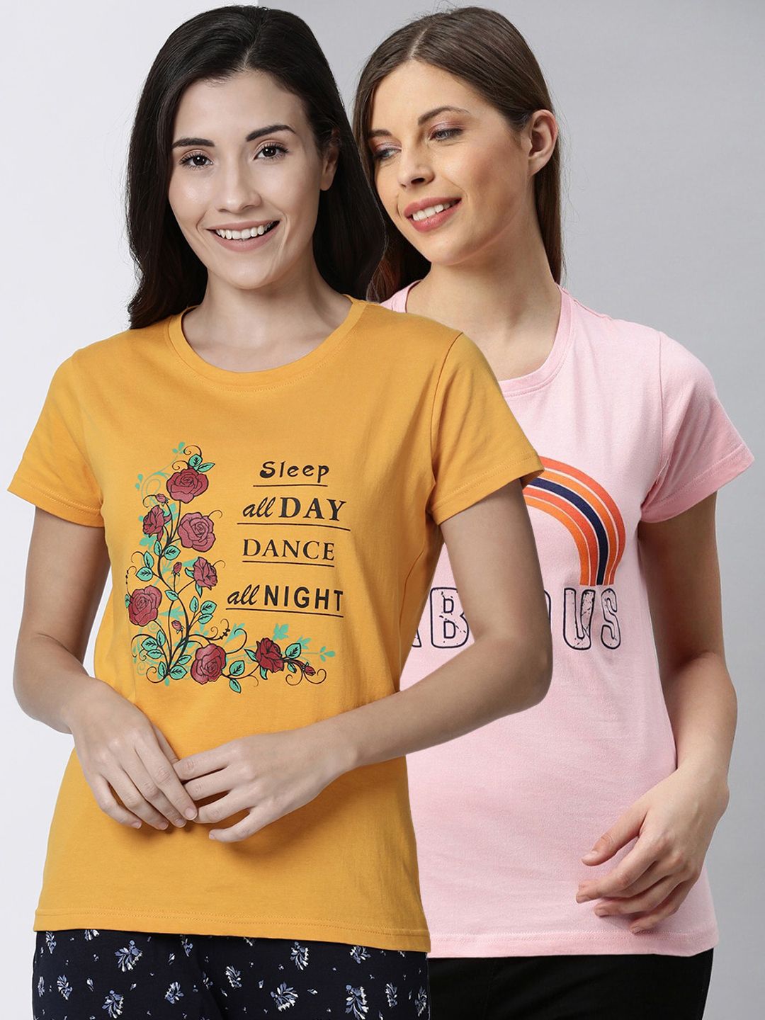 Kryptic Women Pack Of 2 Printed Pure Cotton Lounge T-Shirts Price in India