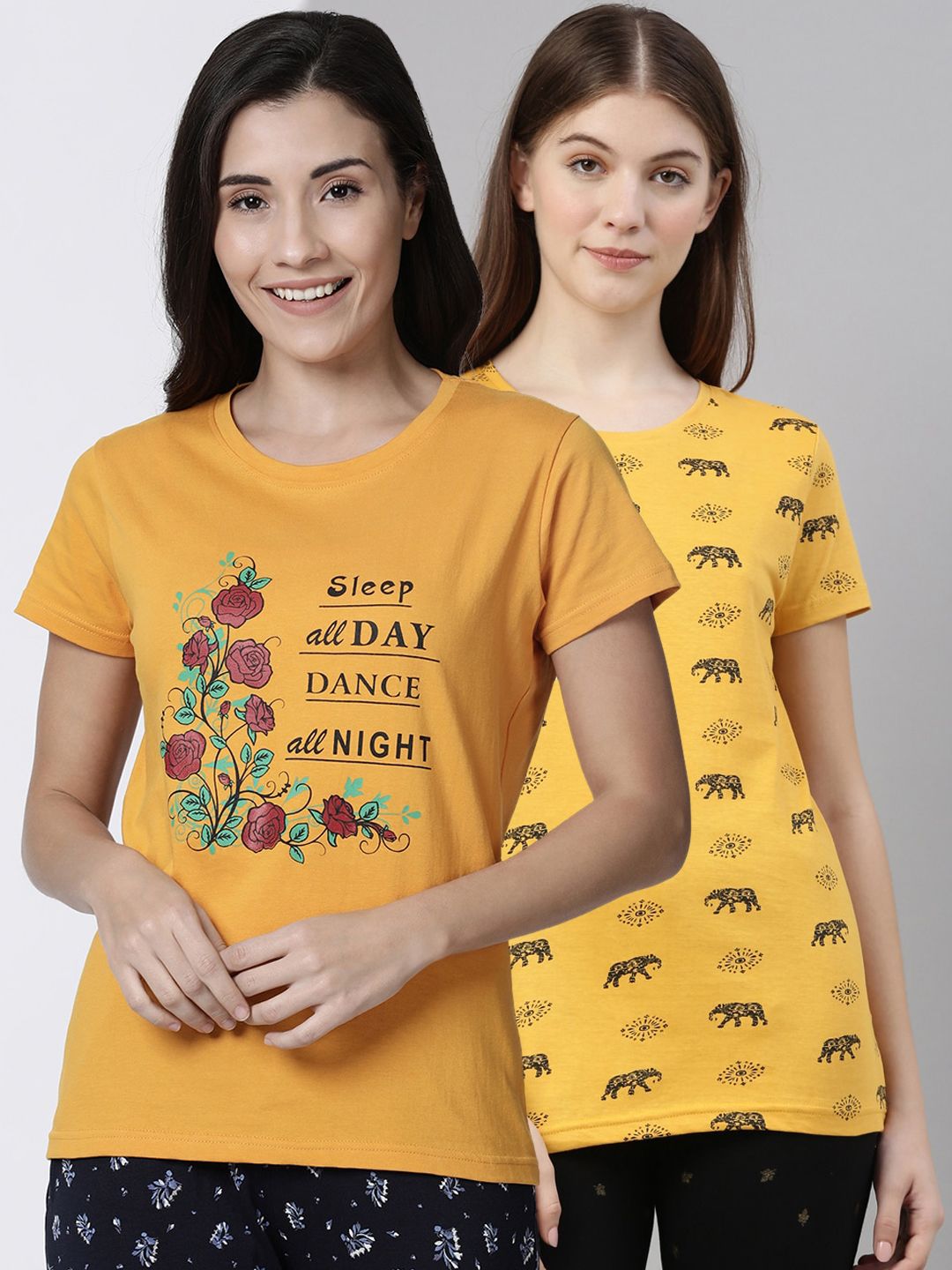 Kryptic Women Pack of 2 Printed Pure Cotton Lounge T Shirts Price in India