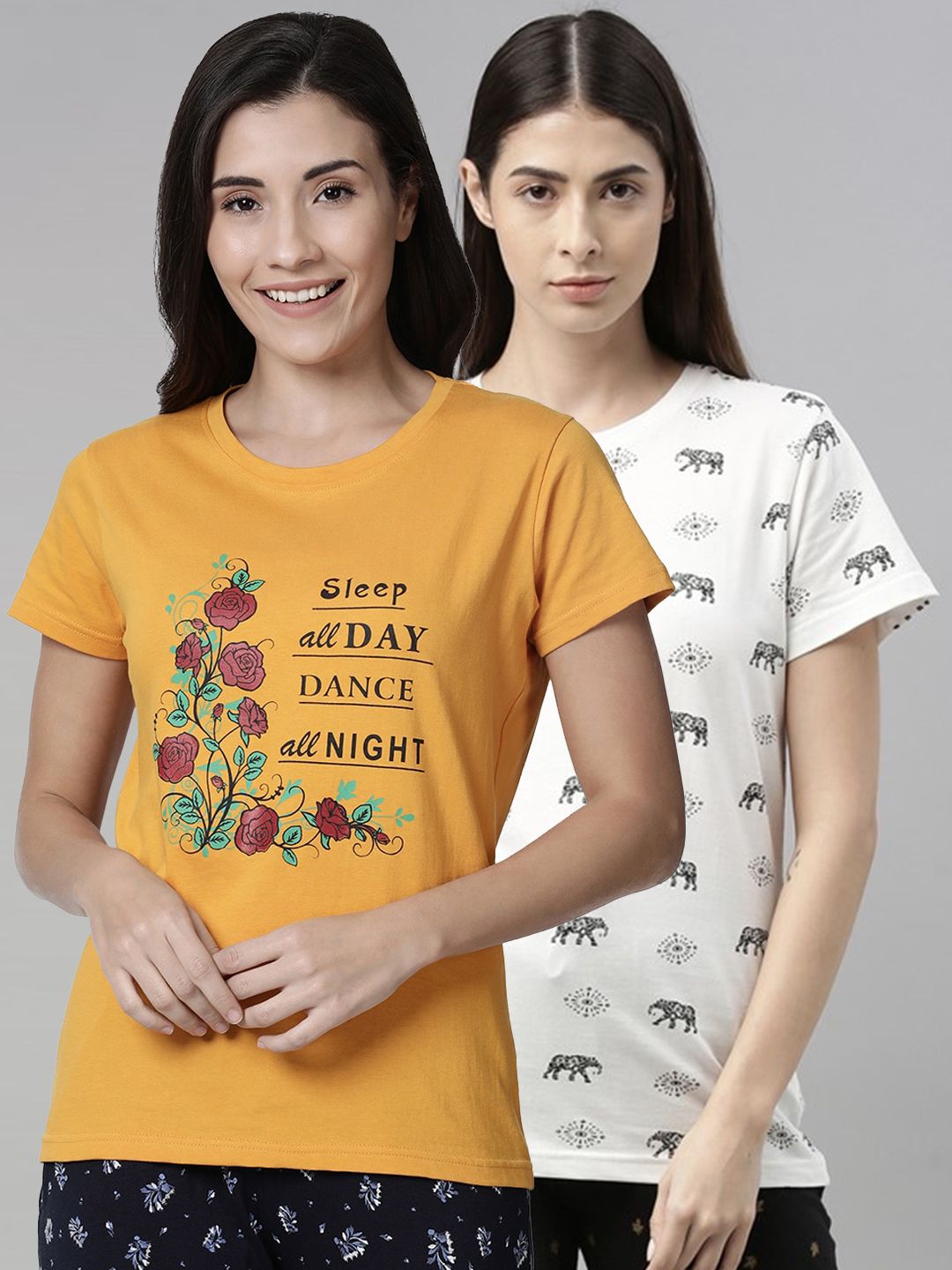 Kryptic Women Pack Of 2 Printed Pure Cotton Lounge T-Shirts Price in India