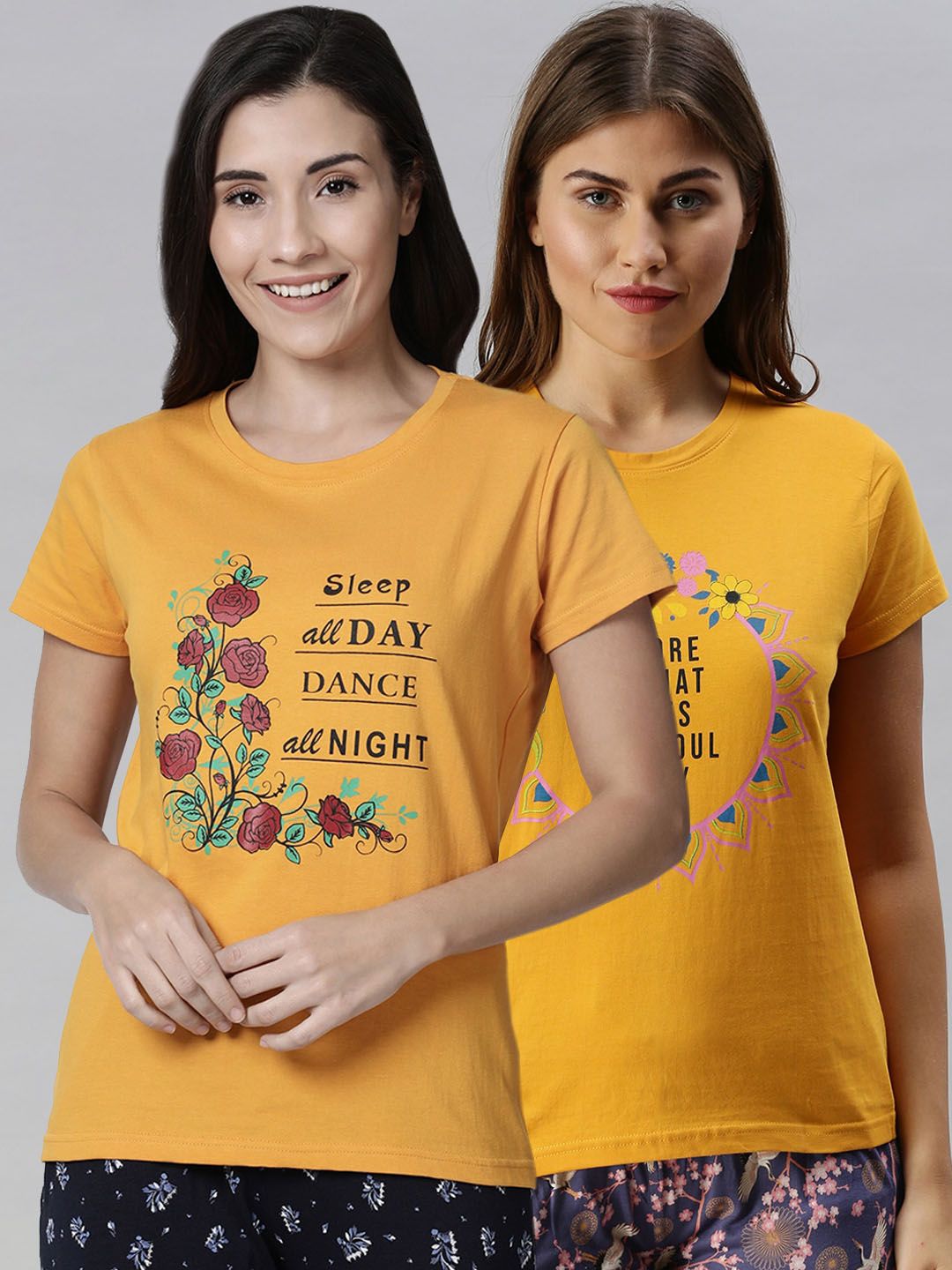 Kryptic Women Pack of 2 Printed Pure Cotton Lounge T Shirts Price in India