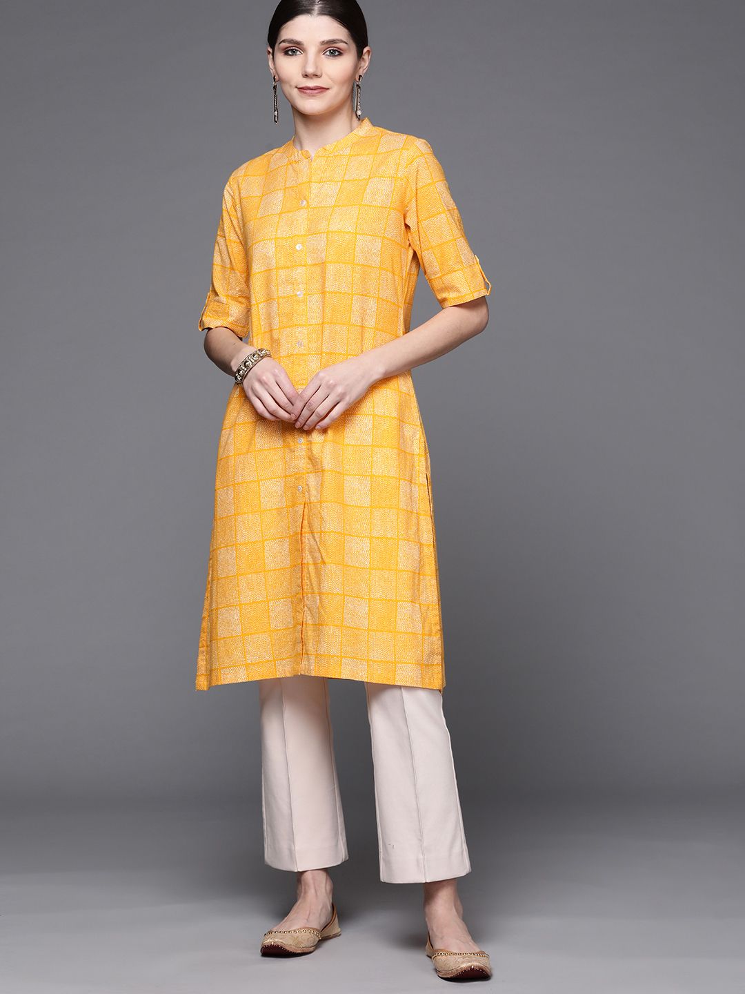 Biba Women Yellow & Off-White Pure Cotton Geometric Printed Roll-Up Sleeves Kurta Price in India
