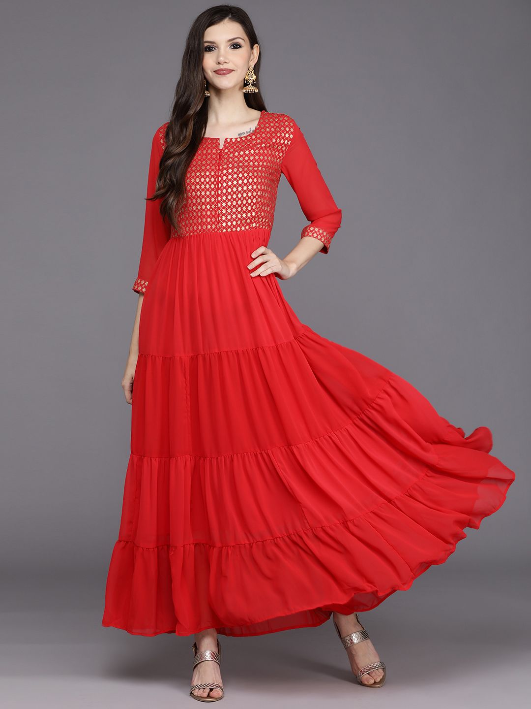 Biba Red & Golden Yoke Print Tiered Maxi Dress Price in India