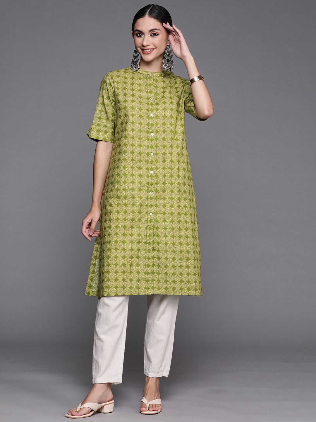 Biba Women Green & Cream-Coloured Pure Cotton Printed Straight Kurta Price in India