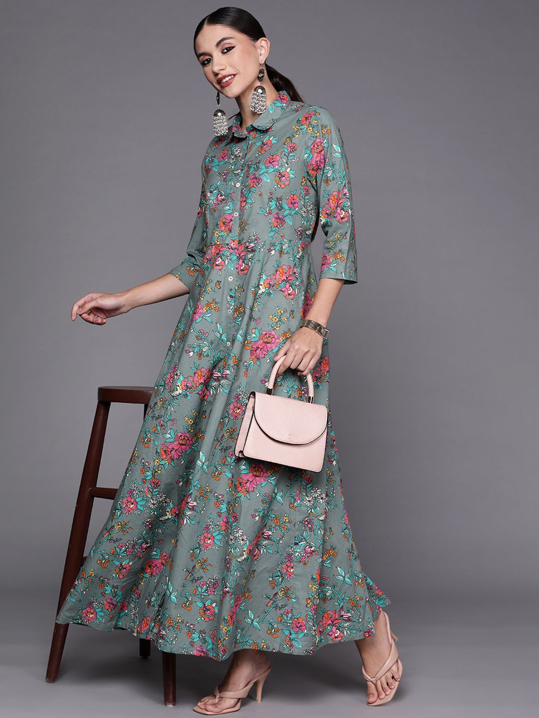 Biba Grey & Pink Pure Cotton Floral Printed Shirt Style Maxi Dress Price in India