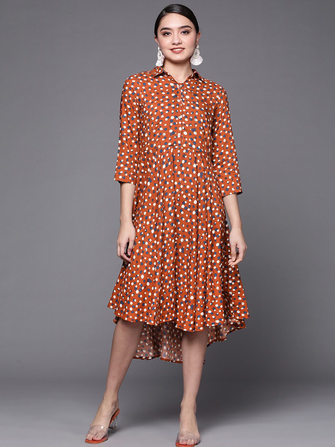 Biba Women Rust Orange & Cream-Coloured Geometric Print A-Line Midi Dress Price in India