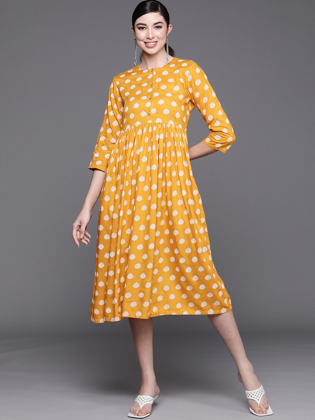Biba Women Mustard Yellow & White Geometric Printed Ethnic A-Line Midi Dress Price in India