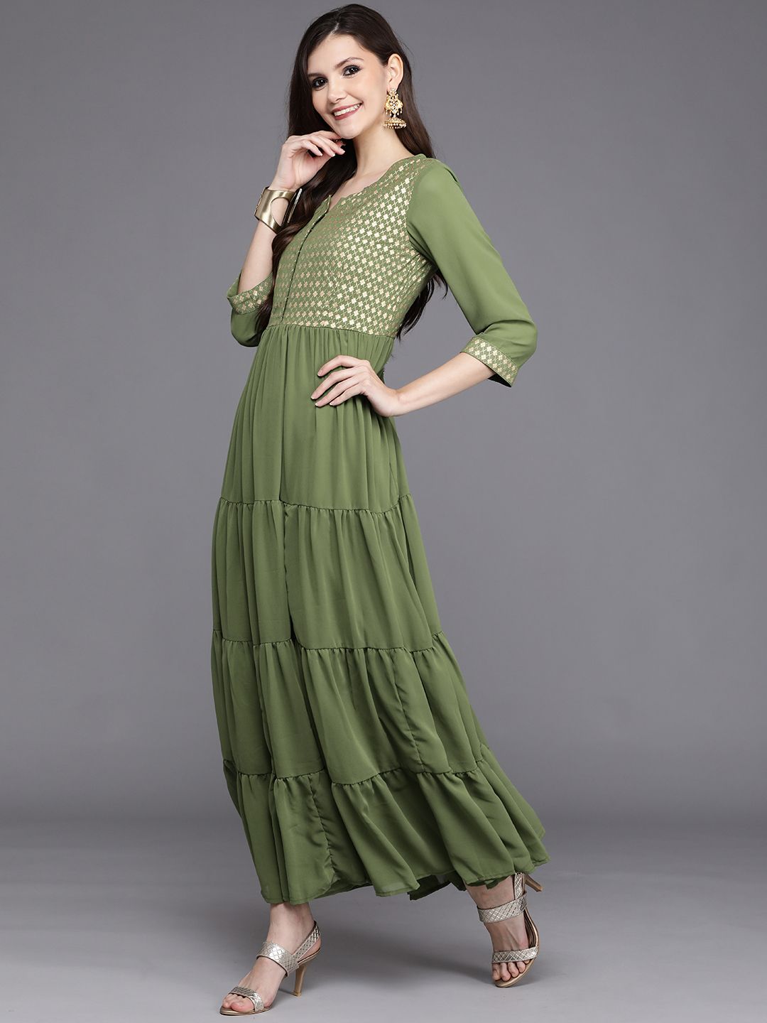 Buy Biba Green & Golden Yoke Print Tiered Maxi Dress - Ethnic Dresses for  Women 16305394 | Myntra