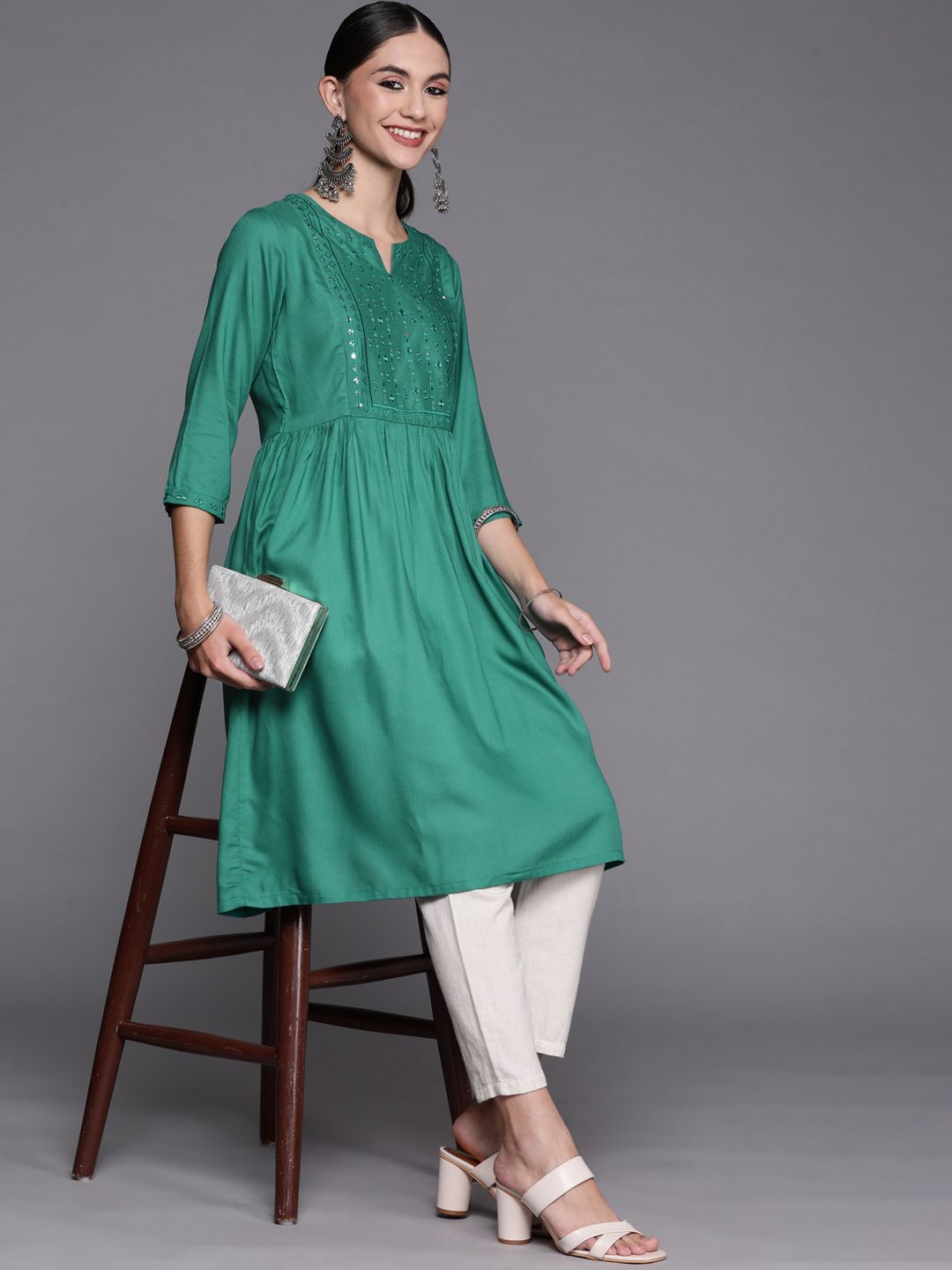 Biba Women Teal Green Mirror Work Solid A-Line Kurta Price in India