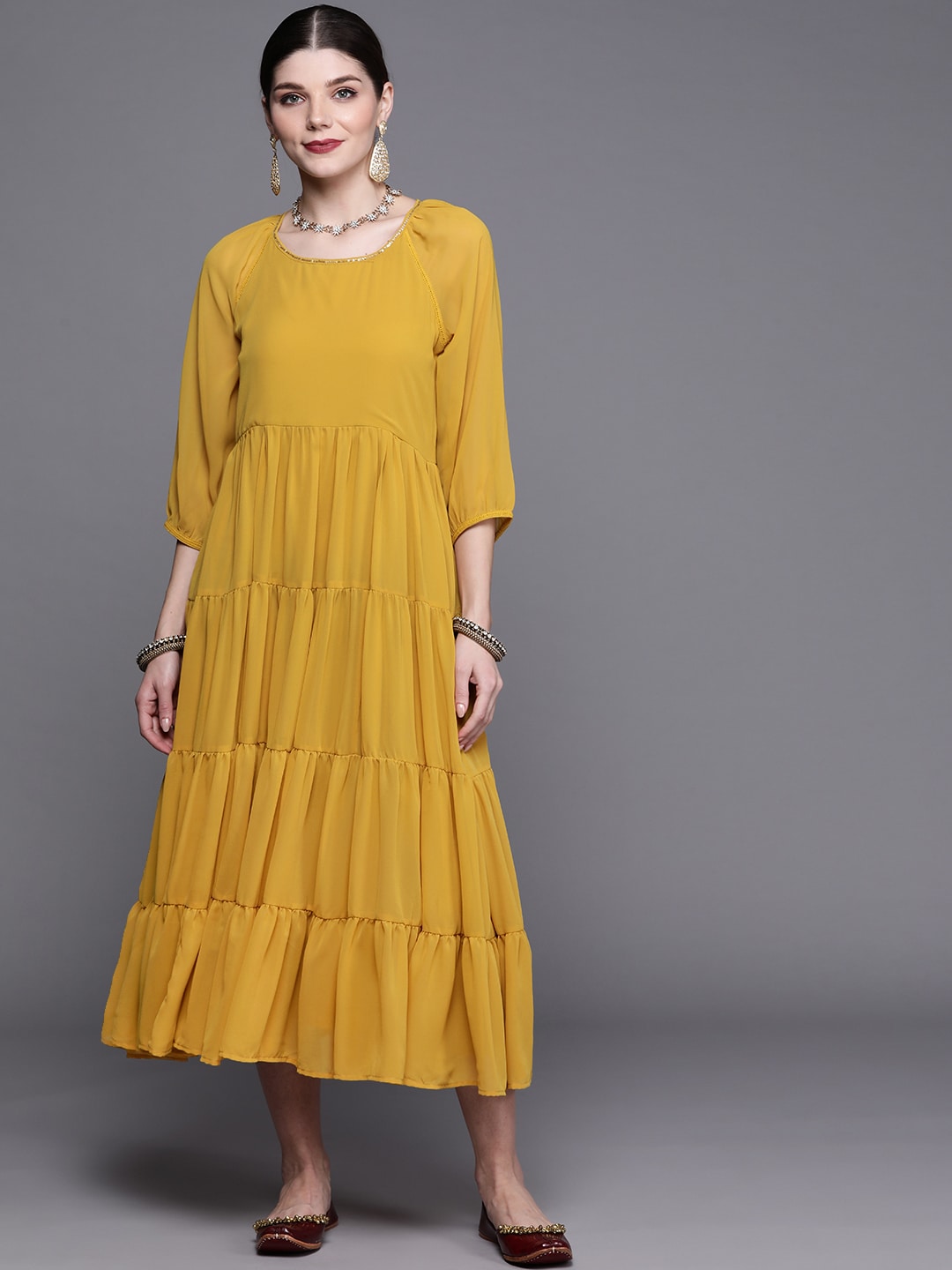 Biba Women Mustard Yellow Solid Tiered Midi A-Line Dress Price in India