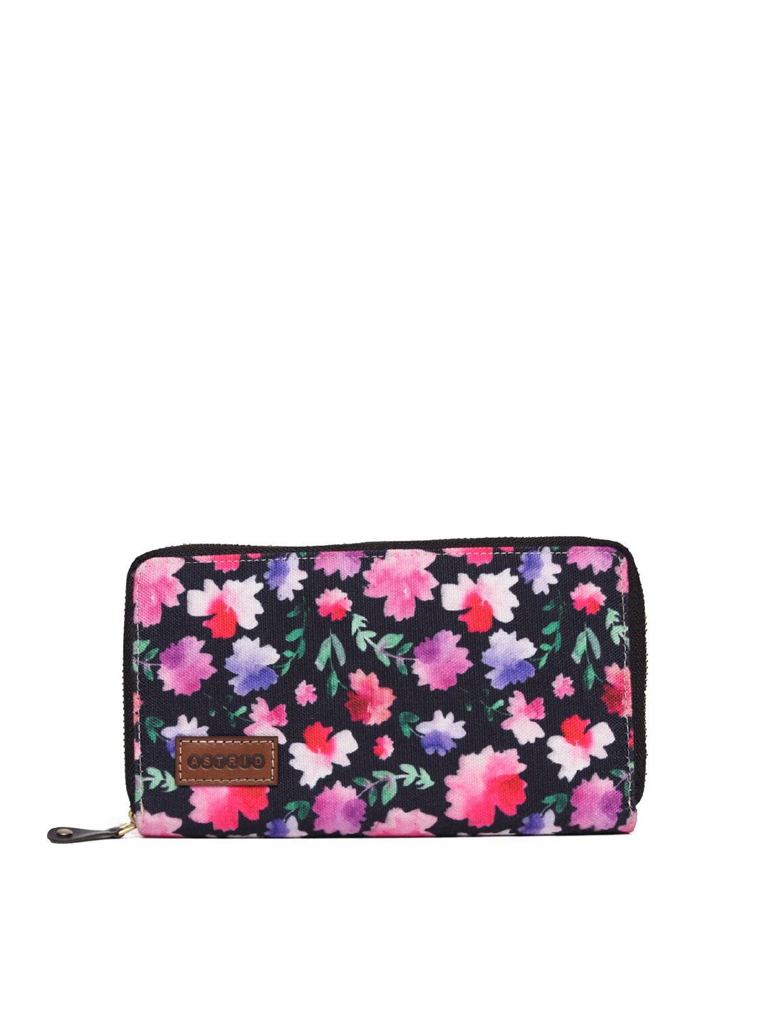 ASTRID Women Black & Pink Floral Printed Canvas Zip Around Wallet Price in India