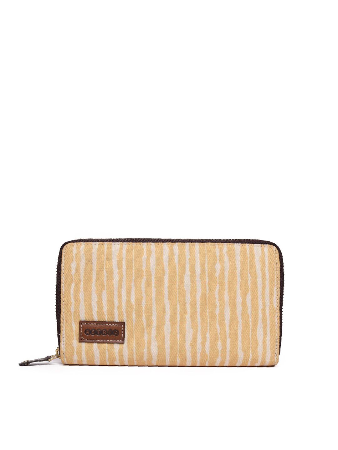 ASTRID Women Yellow & White Striped Canvas Zip Around Wallet Price in India