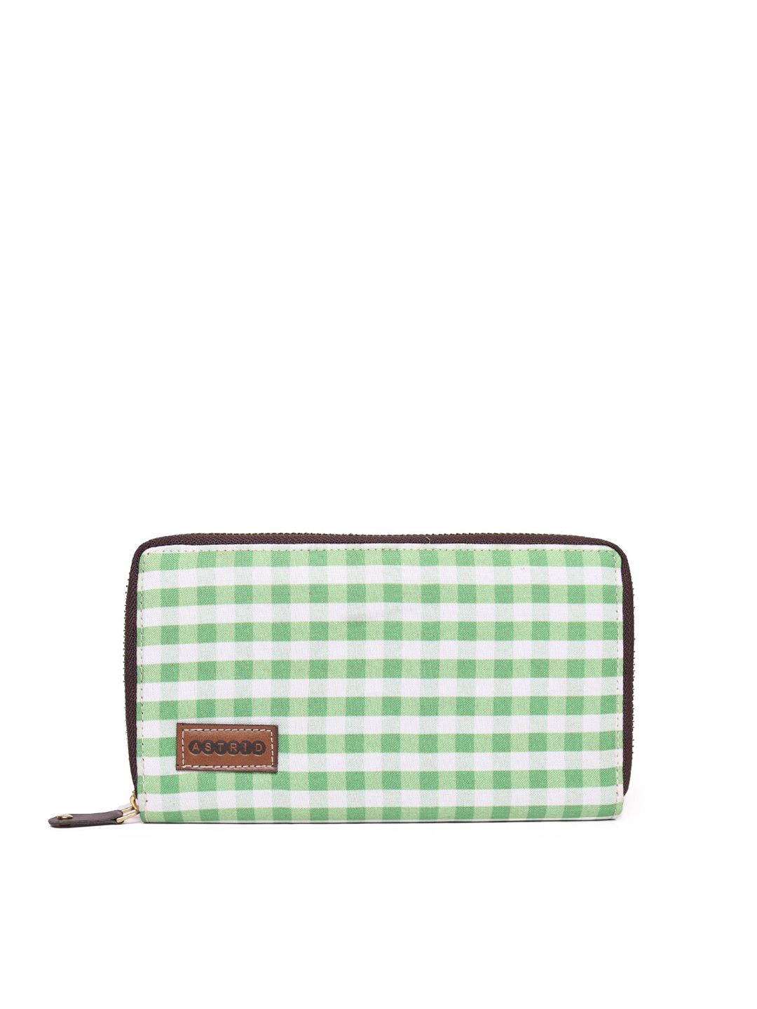 ASTRID Women Green & White Checked Canvas Zip Around Wallet Price in India