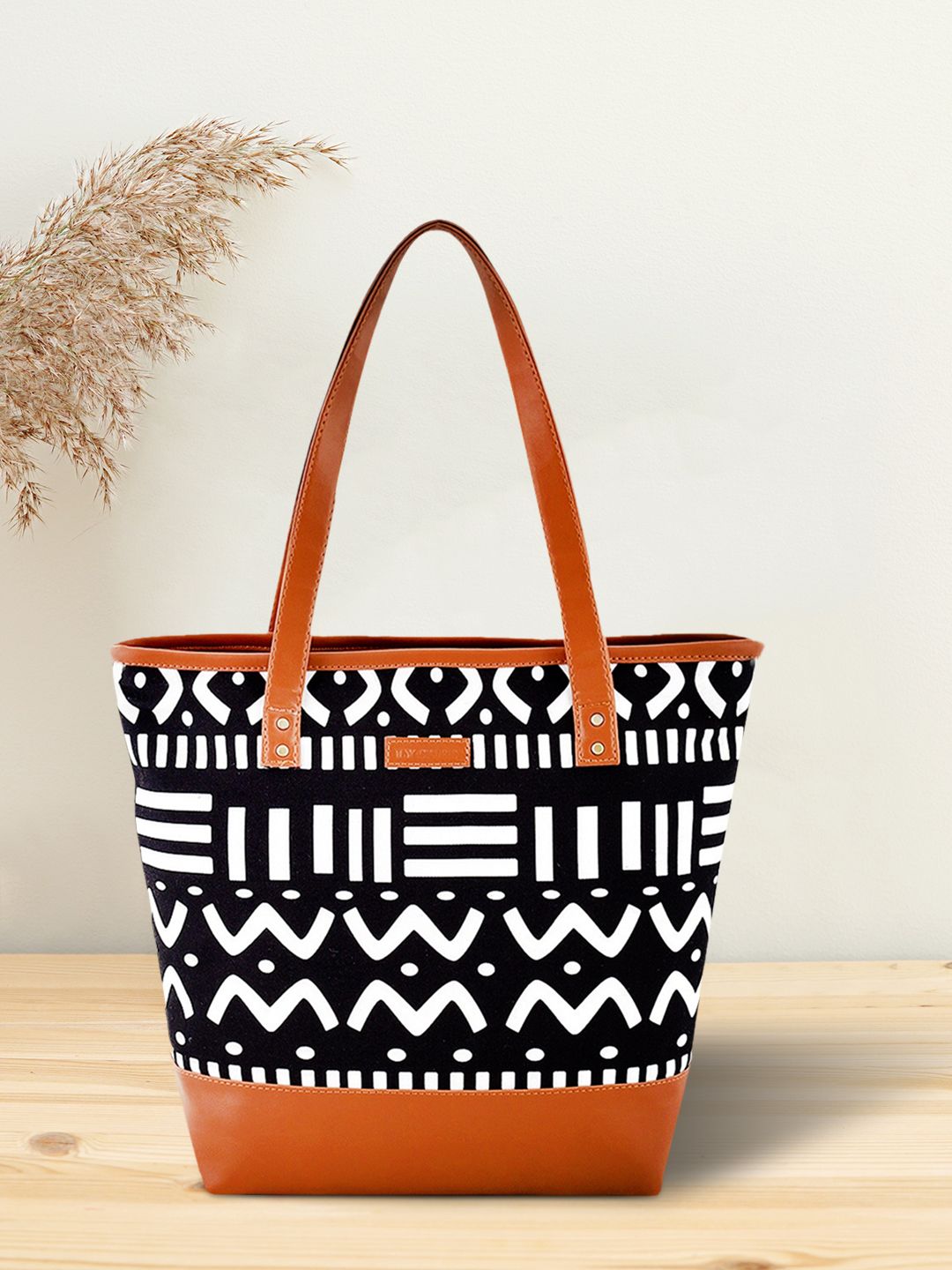 Lychee bags Black Geometric Printed Structured Tote Bag Price in India