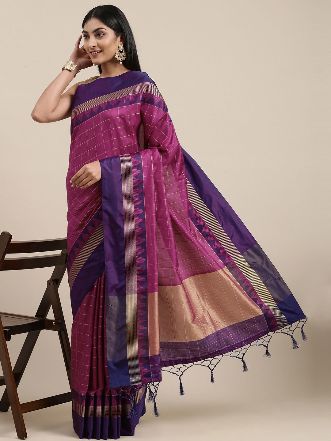 Mitera Purple & Gold-Toned Woven Design Zari Soft Raw Silk Saree Price in India