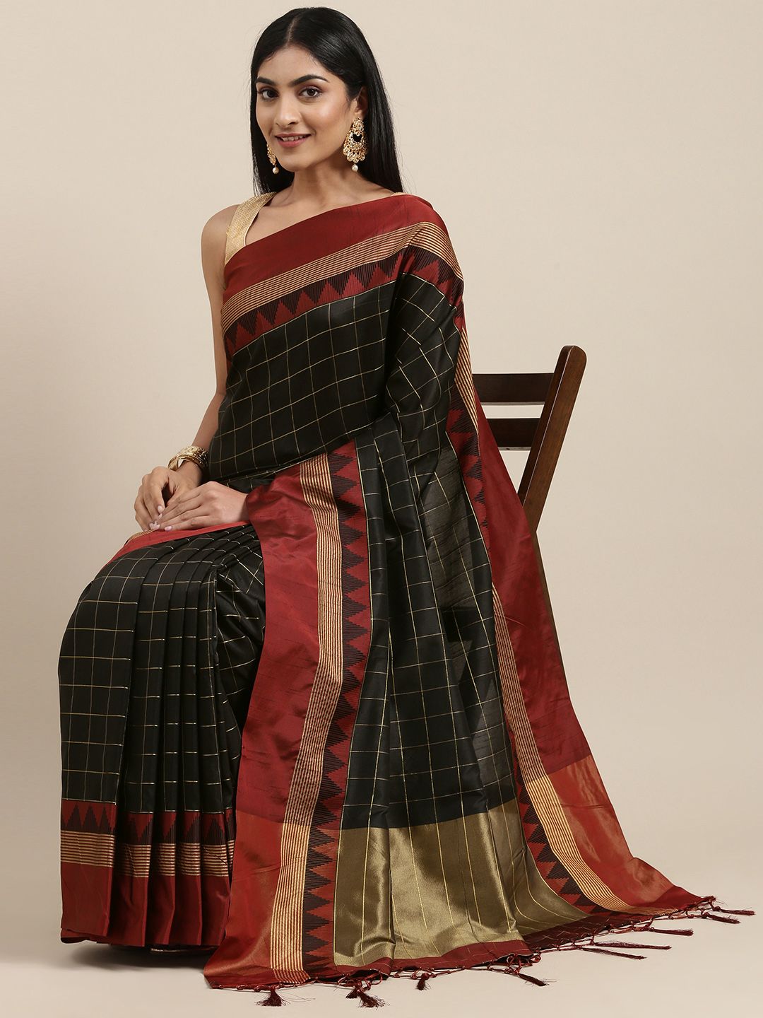 Mitera Black & Gold-Toned Woven Design Soft Raw Silk Saree Price in India