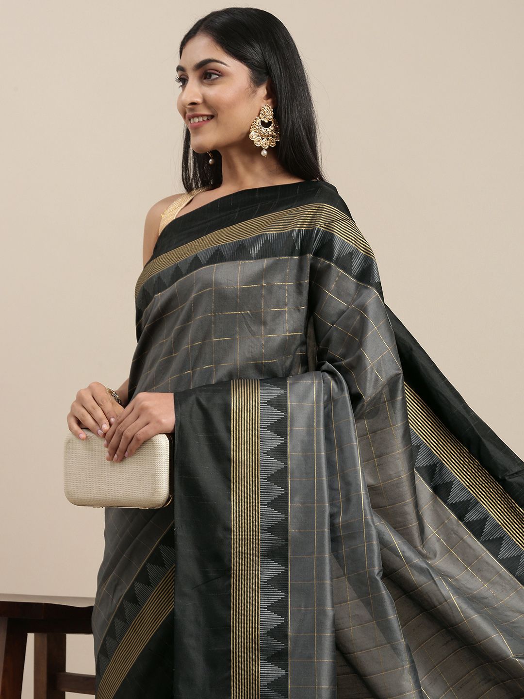 Mitera Grey & Gold-Toned Woven Design Soft Raw Silk Saree Price in India