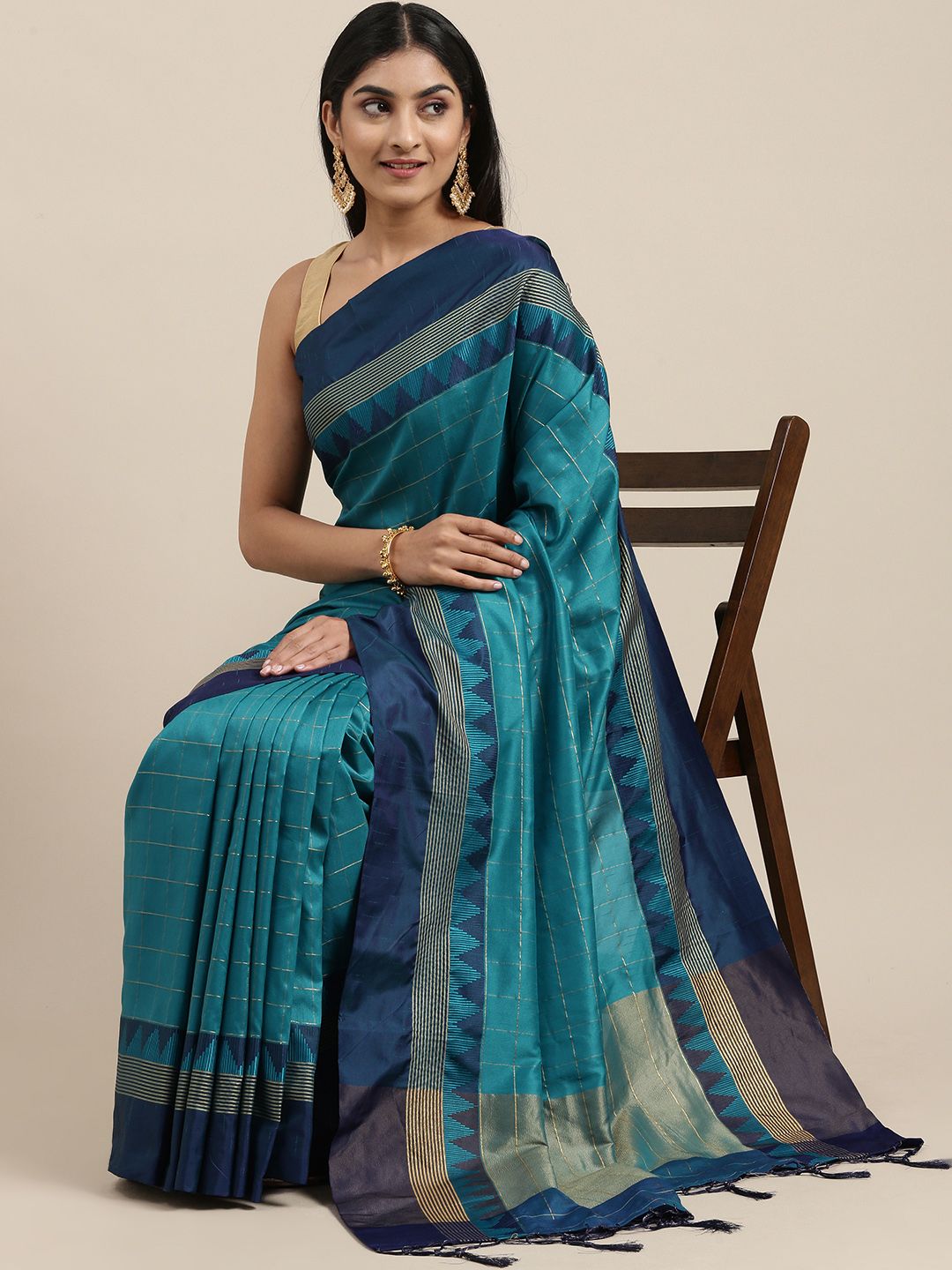 Mitera Turquoise Blue & Gold-Toned Woven Design Soft Raw Silk Saree Price in India