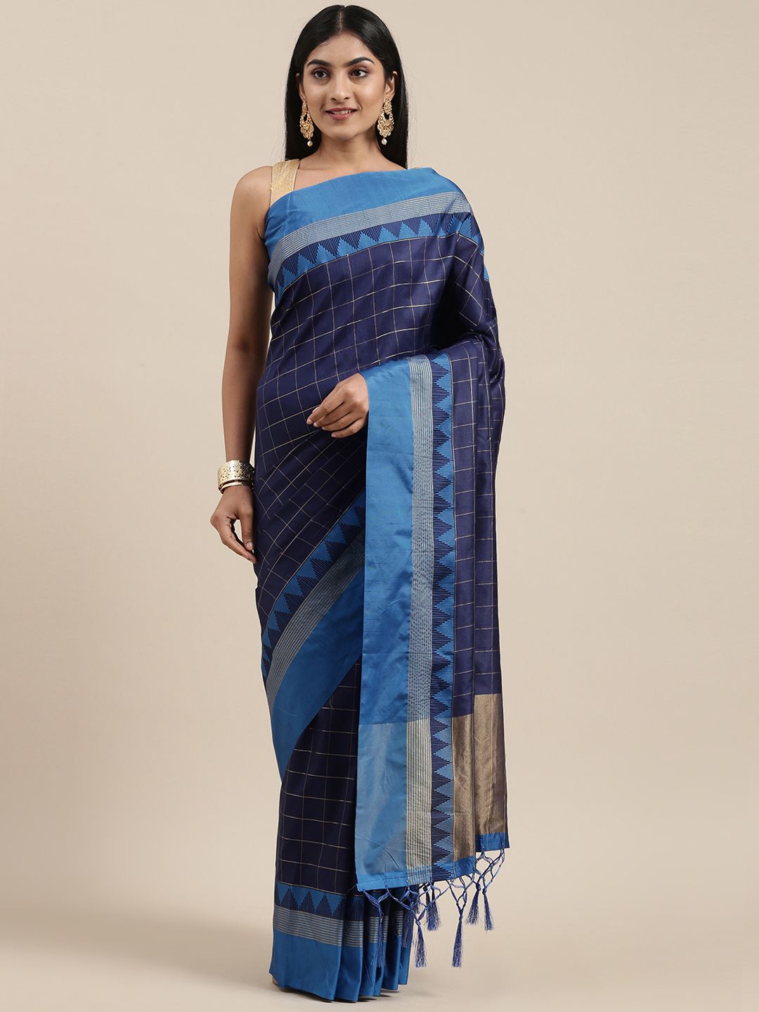 Mitera Blue & Gold-Toned Woven Design Soft Raw Silk Saree Price in India