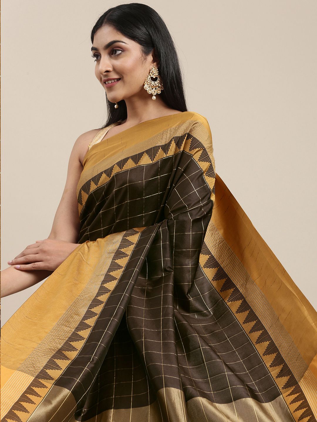 Mitera Brown & Gold-Toned Woven Design Soft Raw Silk Saree Price in India