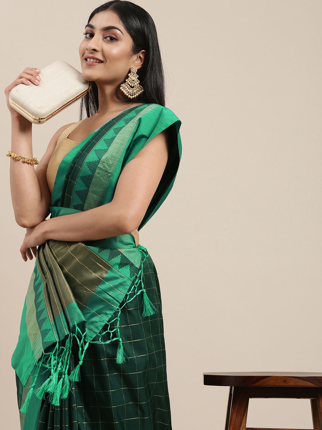 Mitera Green & Gold-Toned Woven Design Soft Raw Silk Saree Price in India