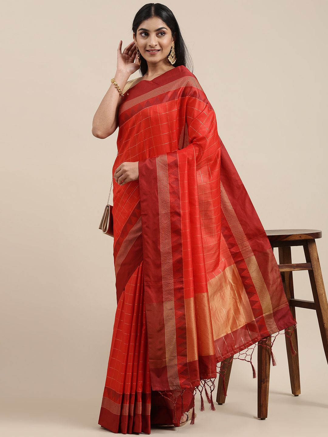 Mitera Red & Gold-Toned Woven Design Soft Raw Silk Saree Price in India