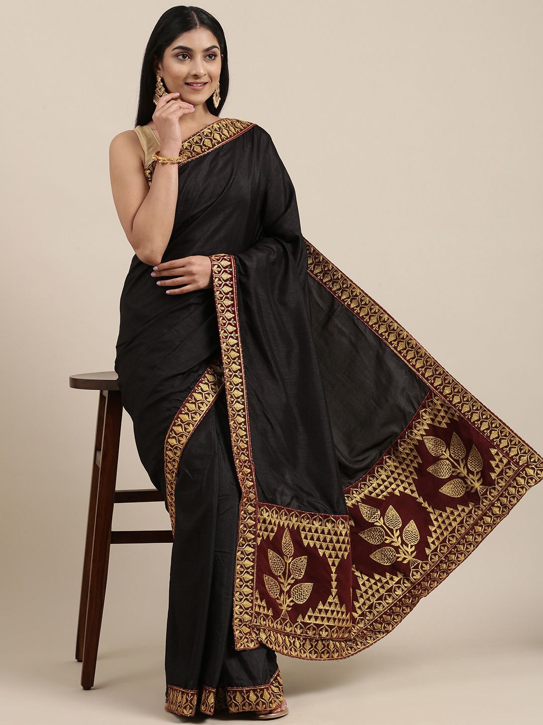 Mitera Black Embroidered Vichitra Art Silk Saree Price in India