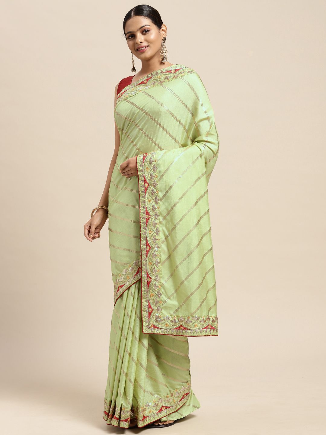 Mitera Lime Green & Gold-Toned Striped Gotta Patti Dola Art Silk Saree Price in India