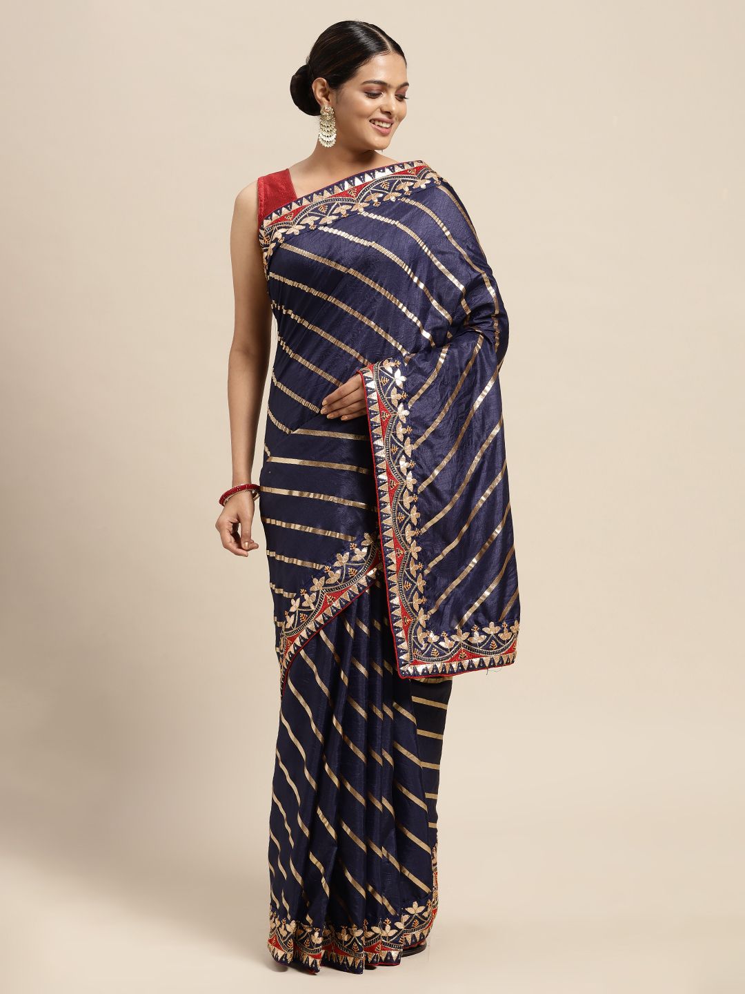 Mitera Navy Blue & Gold-Toned Striped Gotta Patti Dola Art Silk Saree Price in India