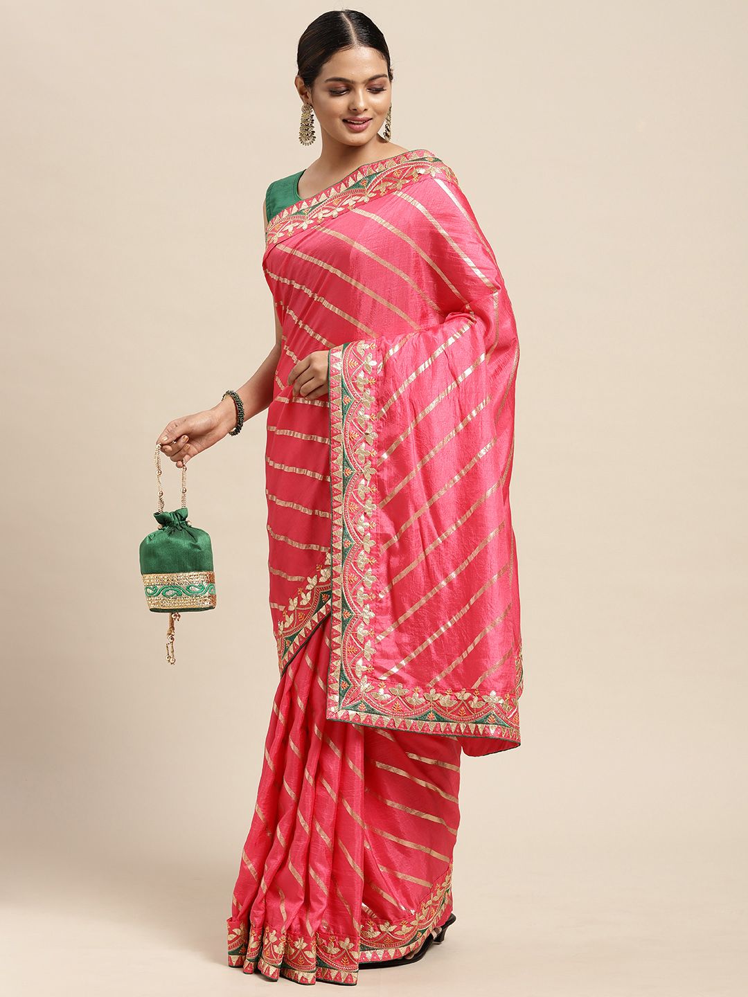 Mitera Pink & Gold-Toned Striped Gotta Patti Dola Art Silk Saree Price in India