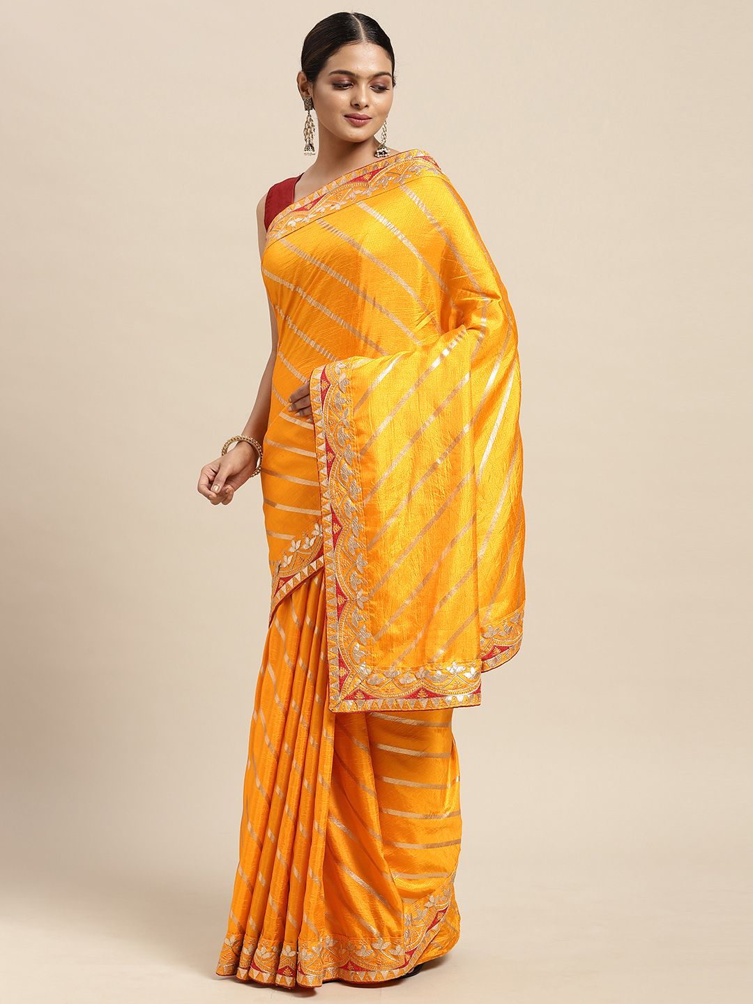 Mitera Yellow & Gold-Toned Striped Gotta Patti Dola Art Silk Saree Price in India