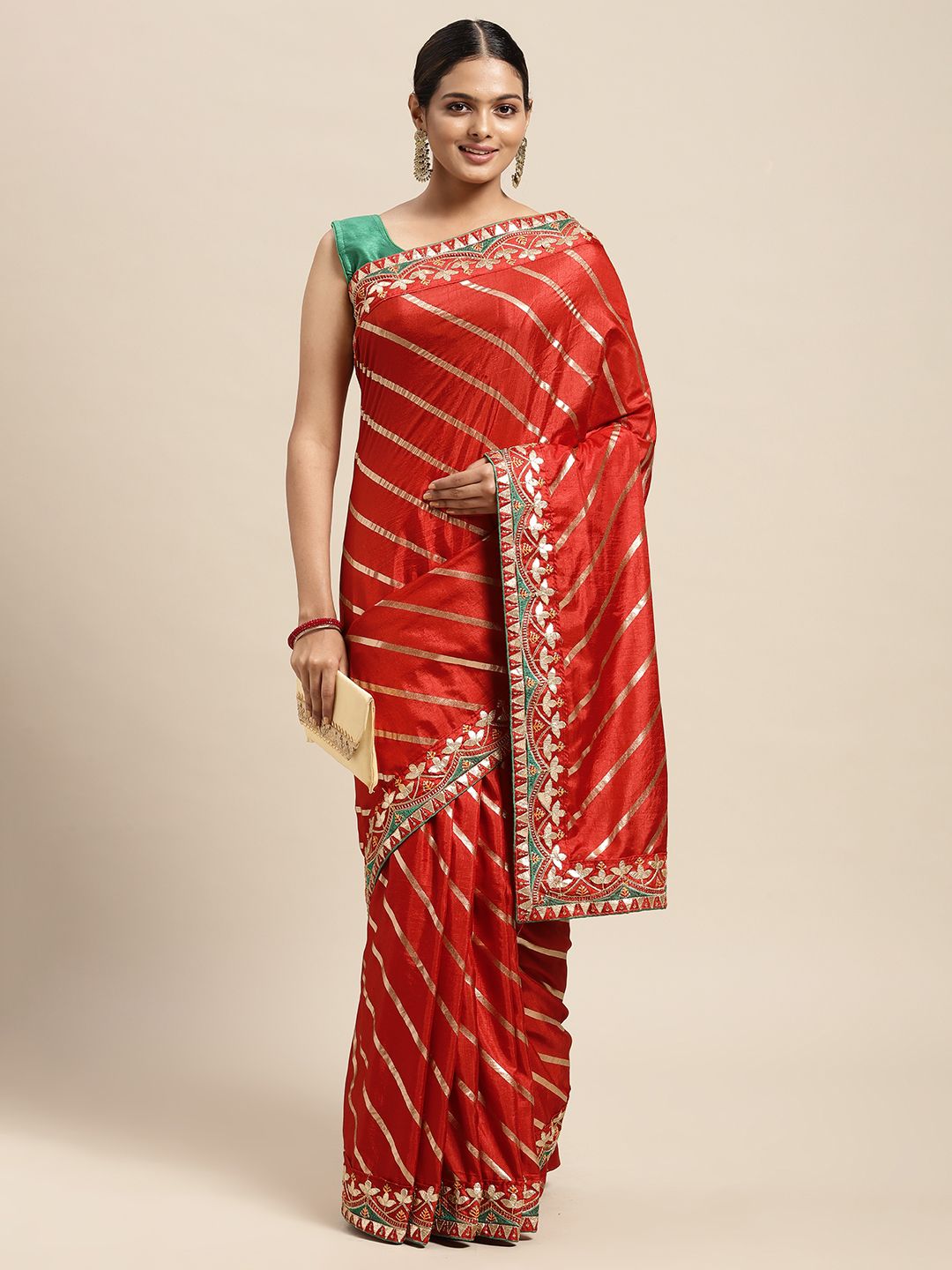 Mitera Red & Gold-Toned Striped Gotta Patti Dola Art Silk Saree Price in India