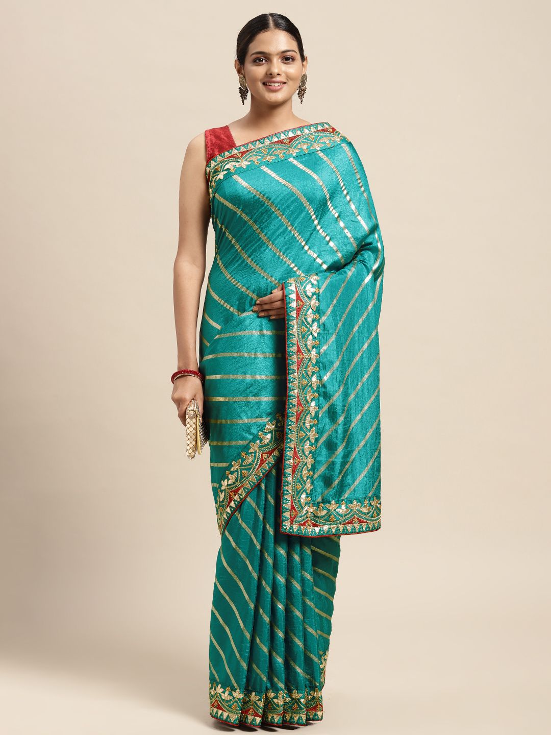 Mitera Sea Green & Gold-Toned Striped Gotta Patti Dola Art Silk Saree Price in India