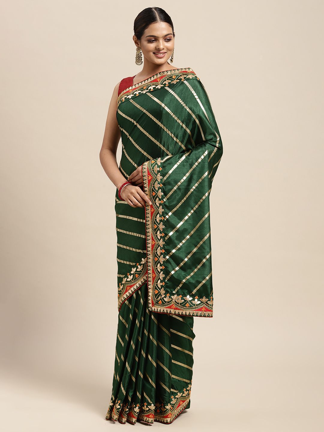 Mitera Green & Gold-Toned Striped Gotta Patti Dola Art Silk Saree Price in India