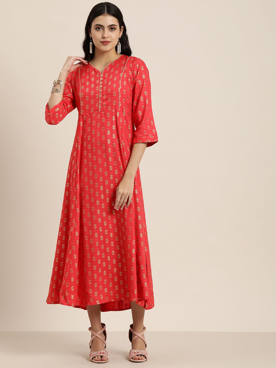 Sangria Women Coral Pink Ethnic Motifs Printed Kurta Price in India