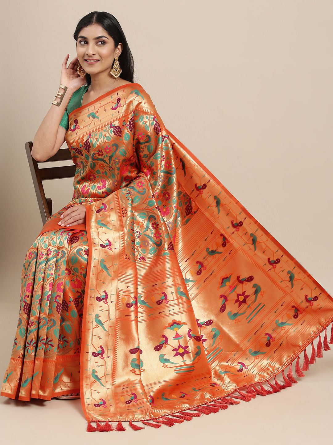 Mitera Orange & Gold-Toned Floral Zari Silk Blend Paithani Saree Price in India