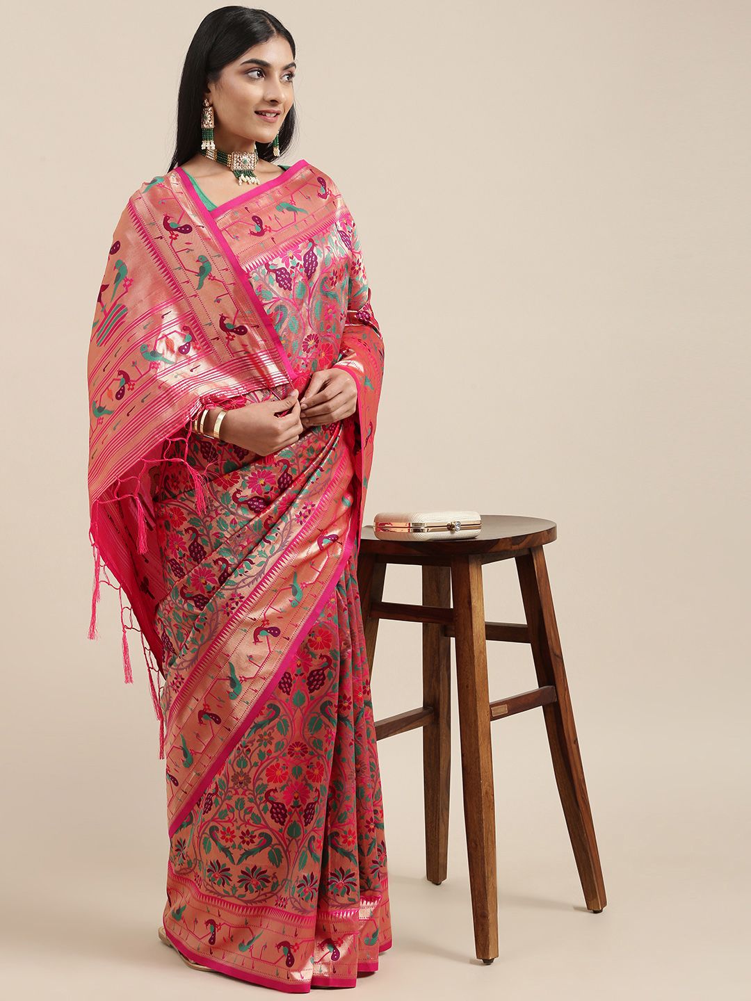 Mitera Pink & Gold-Toned Floral Zari Silk Blend Paithani Saree ...