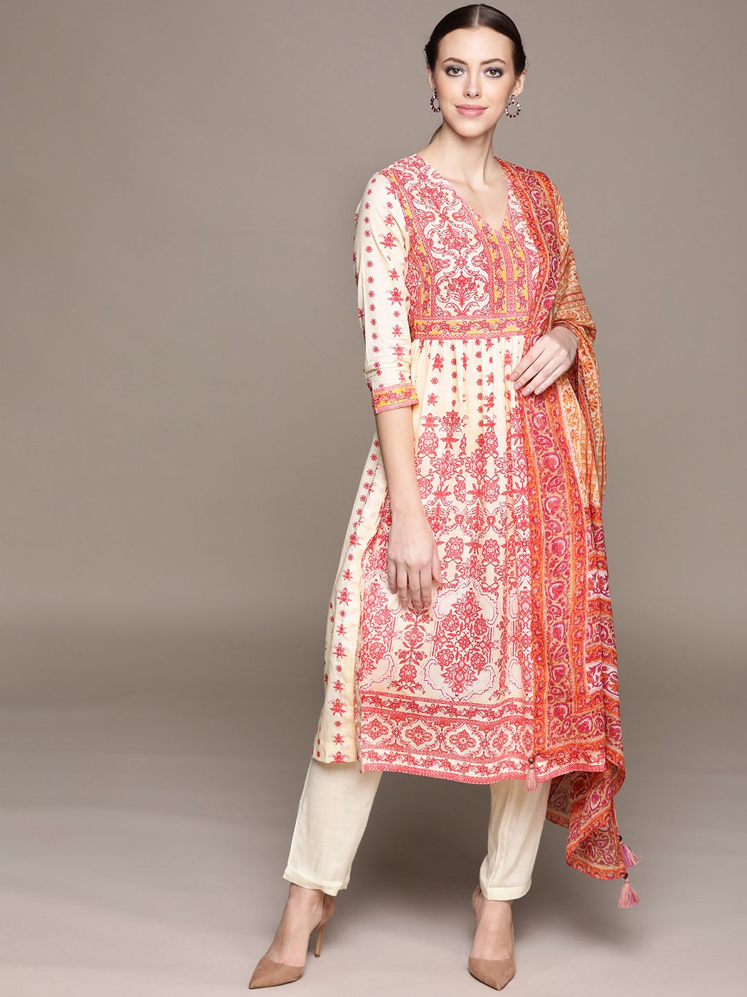 aarke Ritu Kumar Off White & Peach Ethnic Print Straight Kurta Trousers Dupatta Price in India