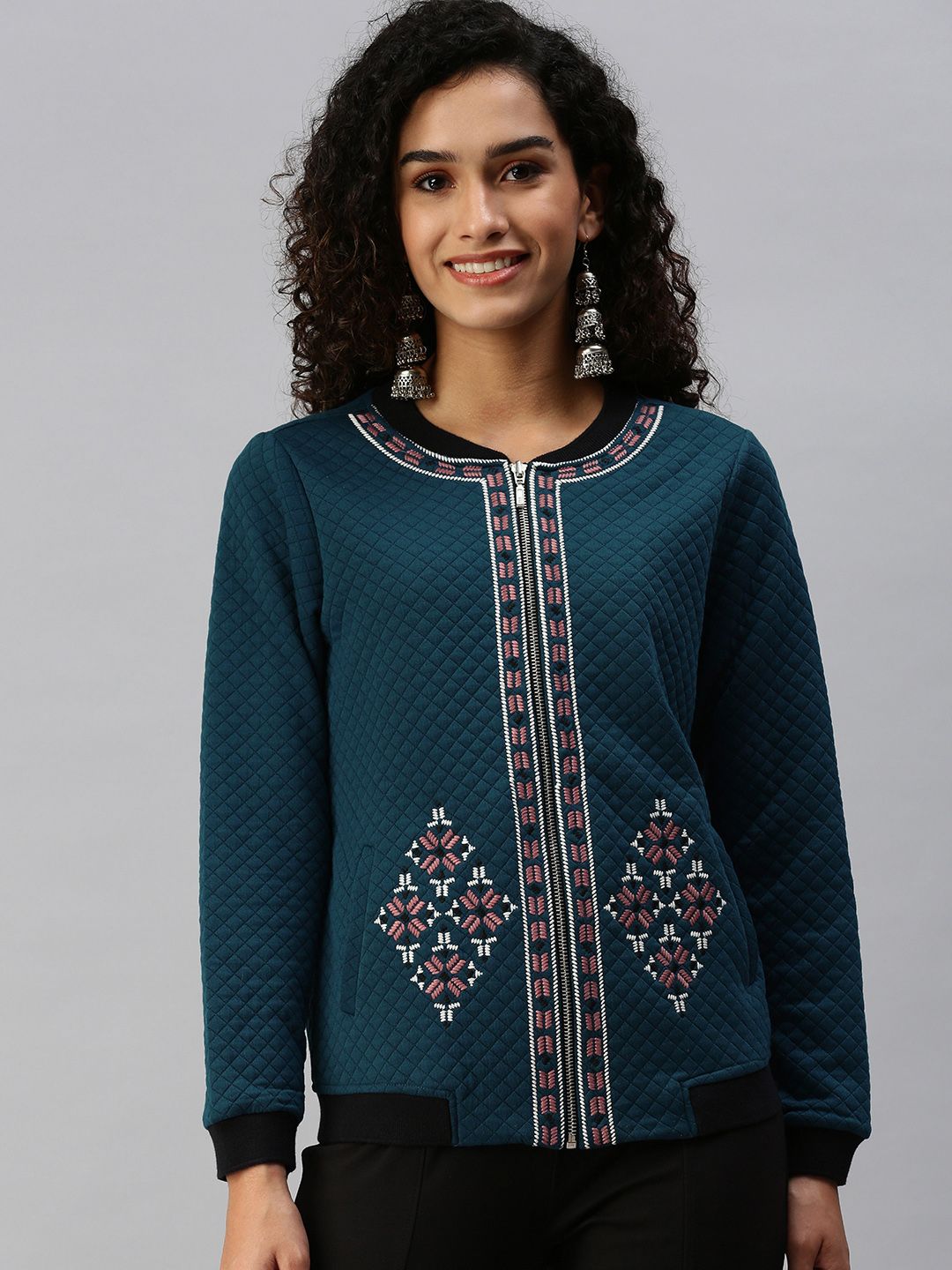 Global Desi Women Teal & Pink Geometric Printed Quilted Jacket Price in India