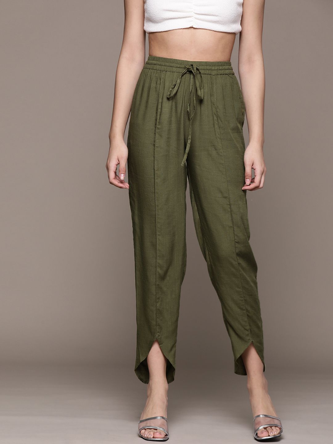 aarke Ritu Kumar Women Olive Green Solid Pleated Tulip Hem Trousers Price in India