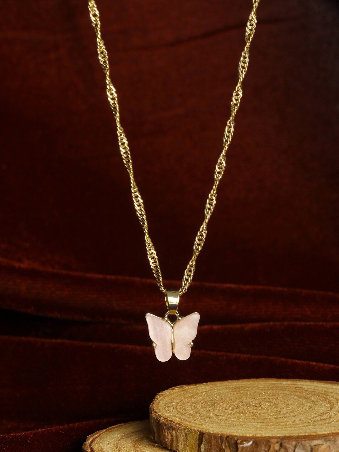 PRITA Gold-Toned & Pink Brass Butterfly Necklace Price in India
