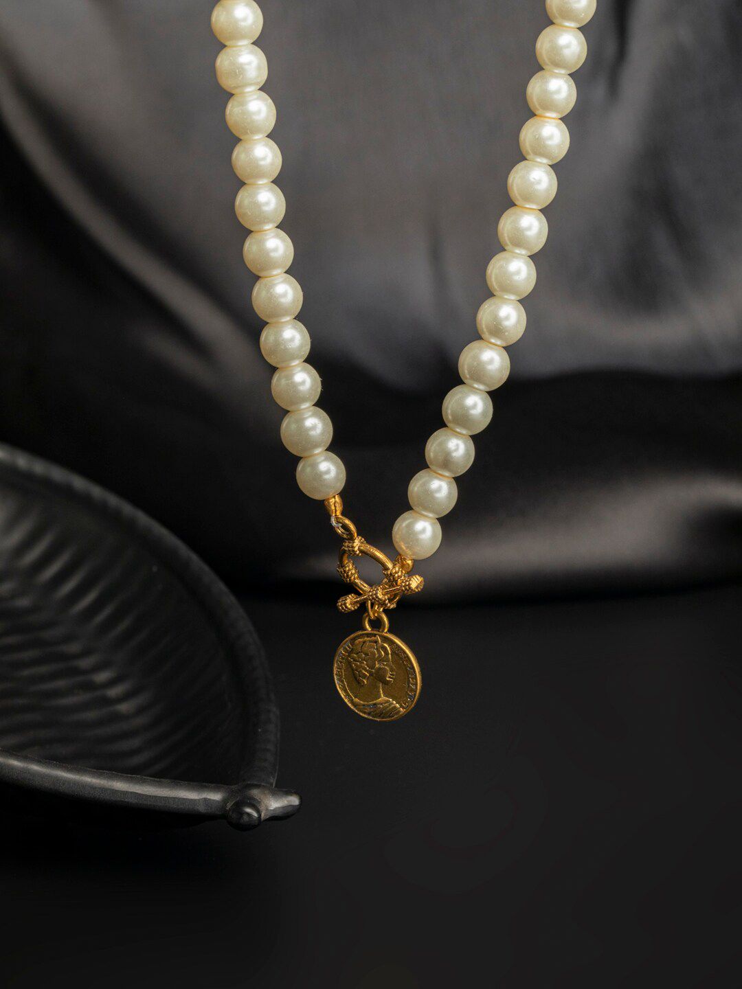 PRITA Gold-Plated & White Brass Classic Elizabeth Coin Pearl Necklace Price in India