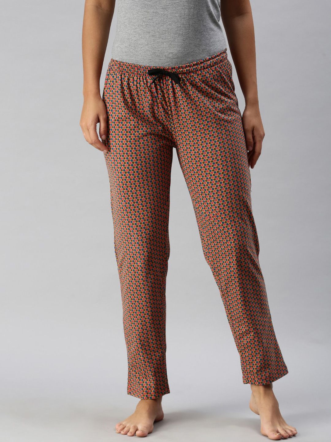 Kryptic Women Mustard-Yellow & Red Printed Pure Cotton Lounge Pants Price in India