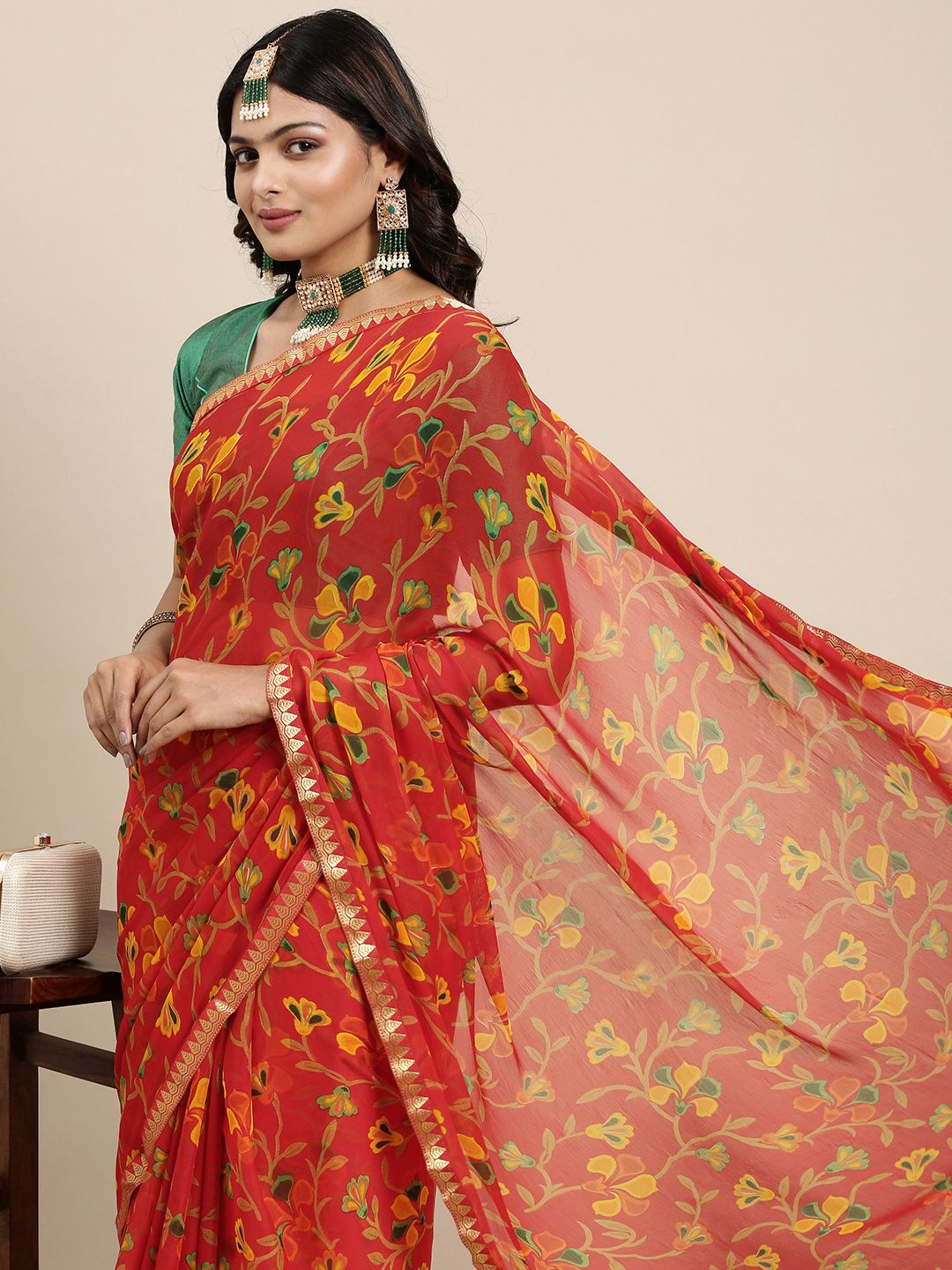 Mitera Coral Red & Mustard Yellow Ethnic Printed Pure Georgette Saree