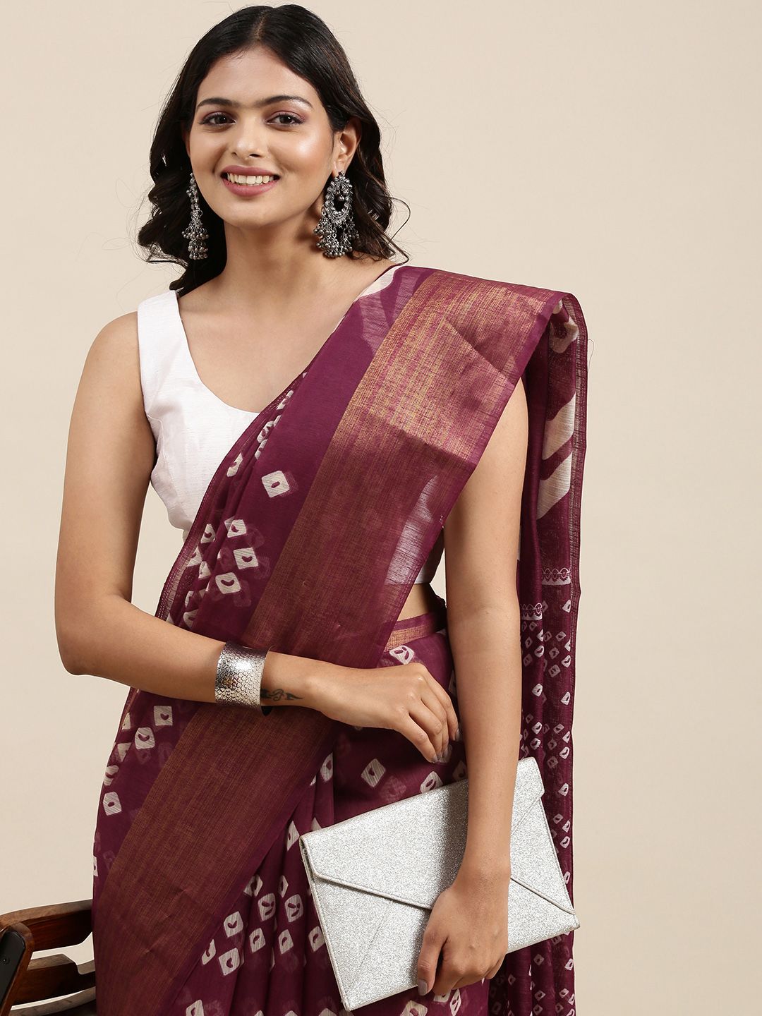 Mitera Maroon & White Bandhani Printed Pure Georgette Saree Price in India