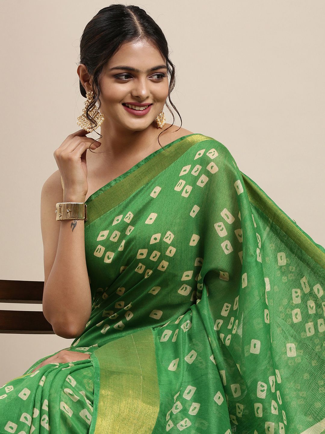 Mitera Green & Off White Bandhani Printed Pure Georgette Saree Price in India