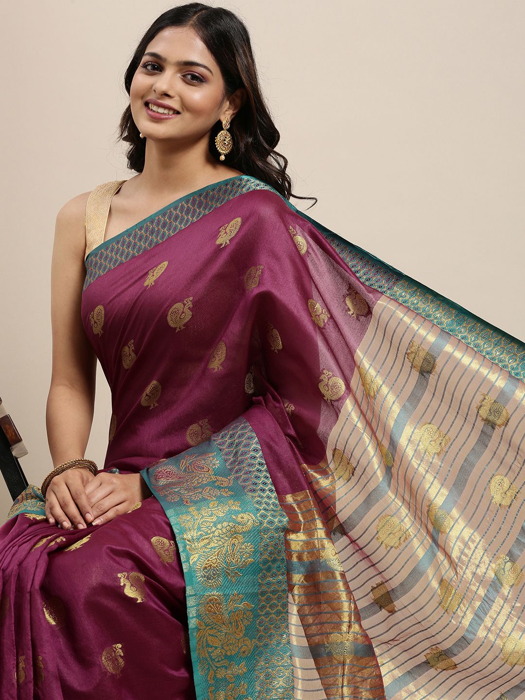 Mitera Women Burgundy & Golden Ethnic Motifs Saree Price in India