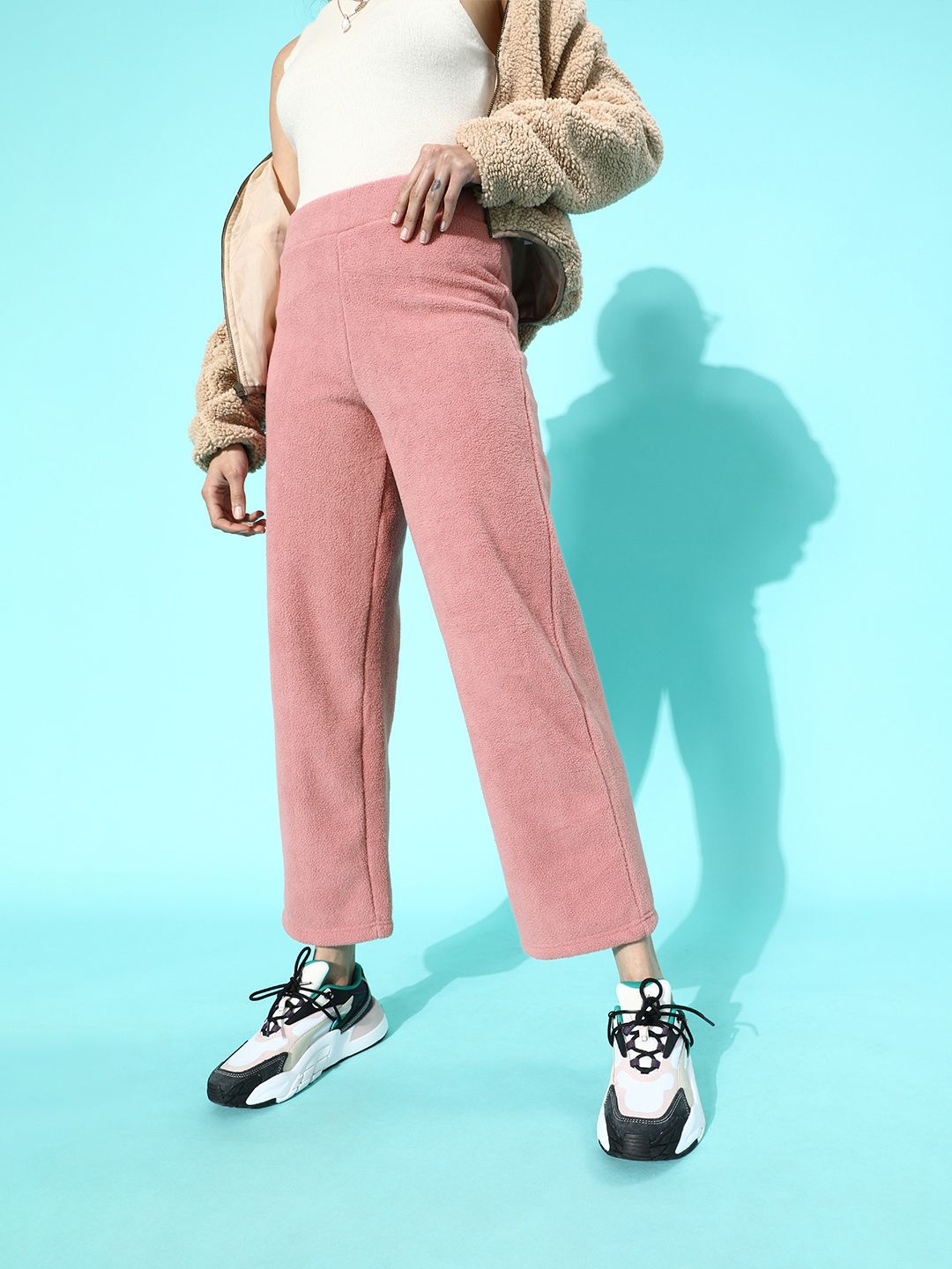 STREET 9 Women Pretty Pink Solid Fleece Trousers Price in India