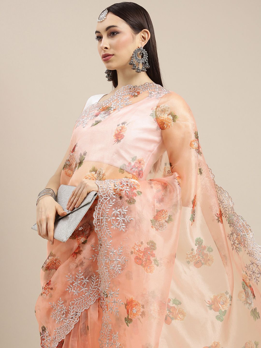 all about you Peach-Coloured Floral Organza Saree